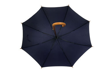 Durable Mens Navy Blue Payung Wooden Handle Melengkung Untuk Cuaca Hujan Bersinar