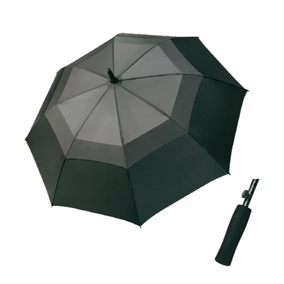 Round Black Polyester Windproof Golf Payung dengan Frame Serat Kaca dan Perlindungan UV