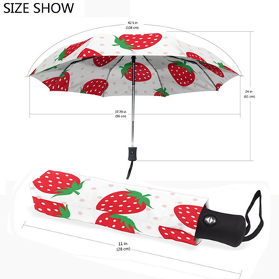 Kompak 3 Lipat Strawberry Pongee Payung Dengan 8 Ribs Dan Otomatis Buka / Tutup