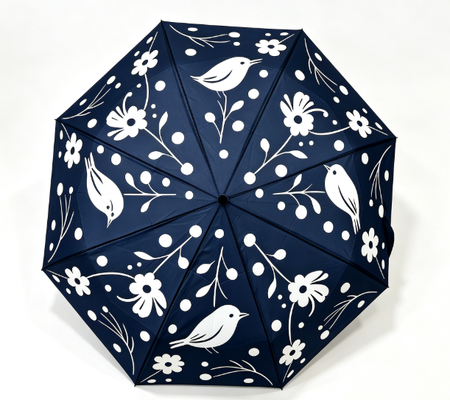 Navy Blue White Bird Floral Print Otomatis 3 Lipat Payung Anti UV Windproof Sun Rain Payung untuk Wanita Perjalanan harian Perjalanan luar ruangan