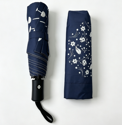 Navy Blue White Bird Floral Print Otomatis 3 Lipat Payung Anti UV Windproof Sun Rain Payung untuk Wanita Perjalanan harian Perjalanan luar ruangan