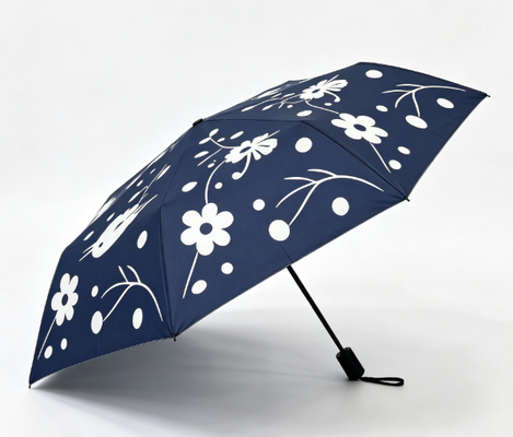Navy Blue White Bird Floral Print Otomatis 3 Lipat Payung Anti UV Windproof Sun Rain Payung untuk Wanita Perjalanan harian Perjalanan luar ruangan