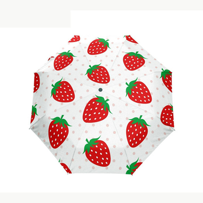 Strawberry Print Perlindungan UV Payung Lipat Semi Otomatis Tahan Angin Untuk Wanita