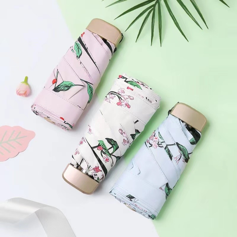 5 Lipat 6 tulang rusuk kecil ringan mudah dibawa payung dengan kain Pongee yang dapat disesuaikan